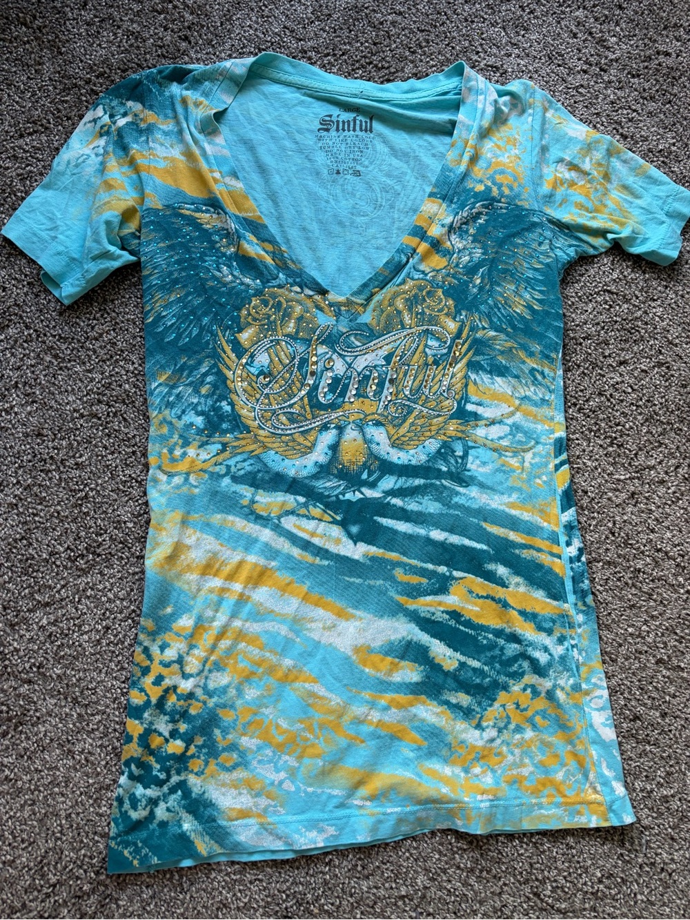Sinful Turquoise & Gold Graphic V-Neck Tee
